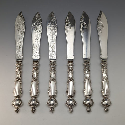 Late 19th Century British Antique Silver Plated Fish Cutlery 6 Pair Set in Wooden Box Martin & Hall